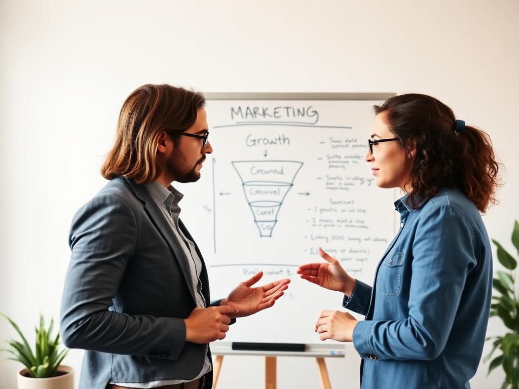 Marketing consultants planning a digital growth strategy on a whiteboard